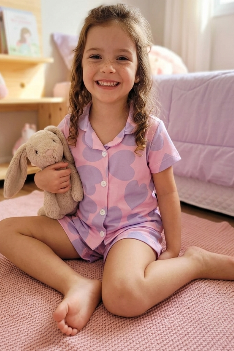 Pijama Americano Meninas Manga Curta Infantil Coração
