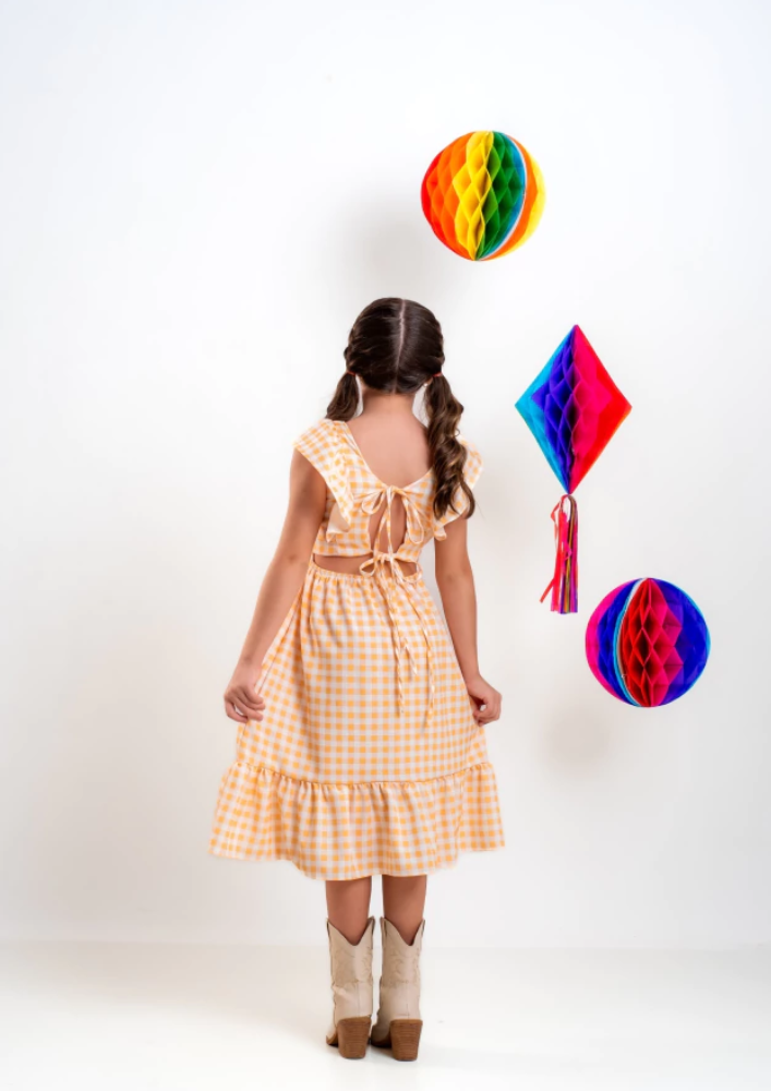 Vestido Infantil Festa Junina Xadrez Midi Amarelo