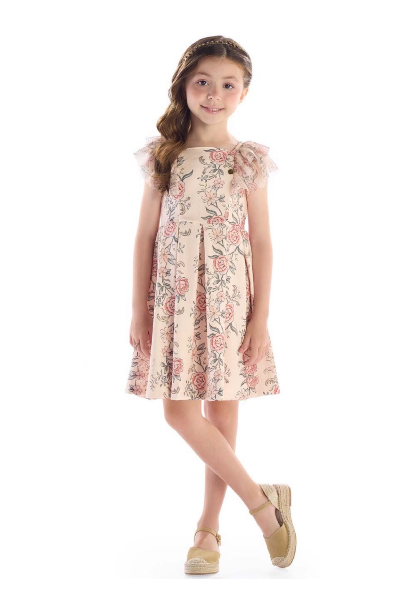 Vestido Infantil Salmão Floral com Mangas em Tule e Saia Rodada – Kiki Xodó