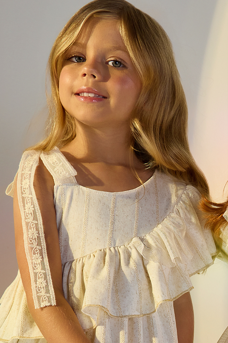 Vestido Infantil Off em Malha Linho com Renda Kiki Xodó