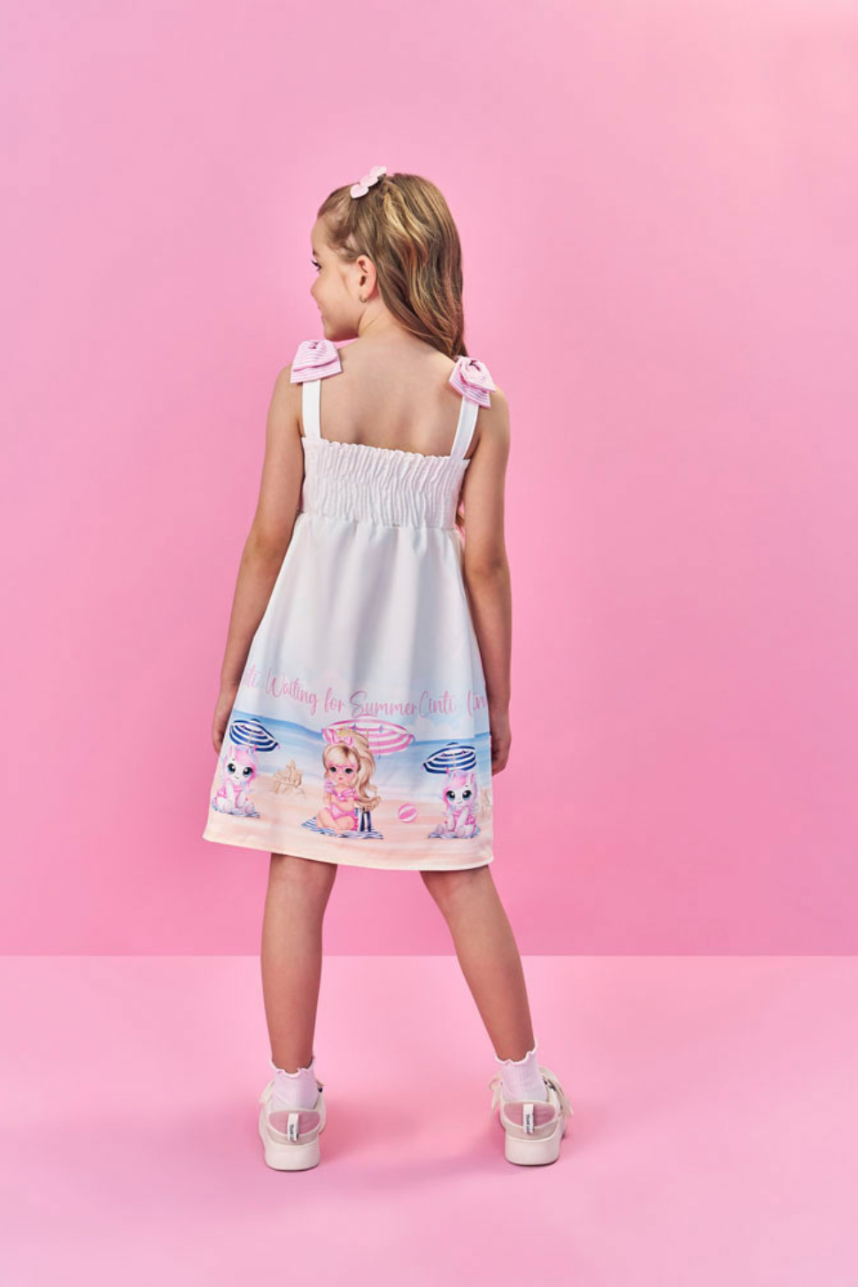 Vestido Infantil Cinti Verão Unicórnio Na Praia Com Laço