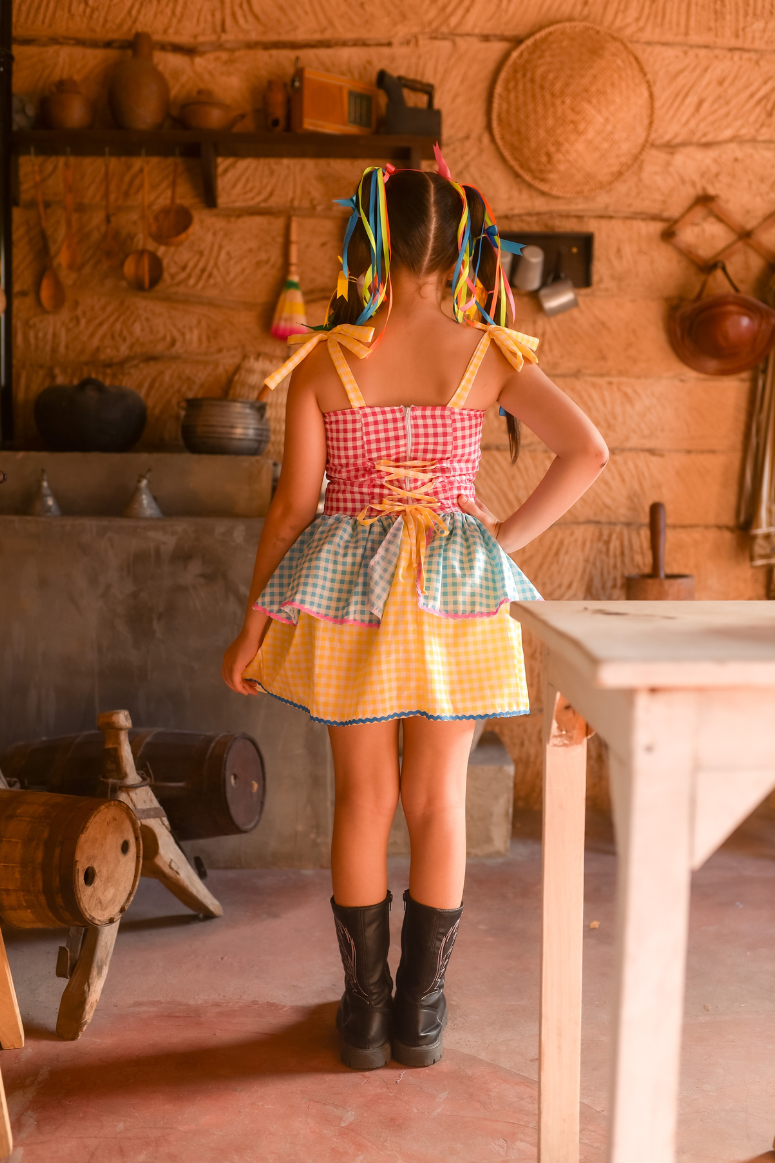 Vestido Festa Junina Infantil e Juvenil Xadrez com Laços e Fitas