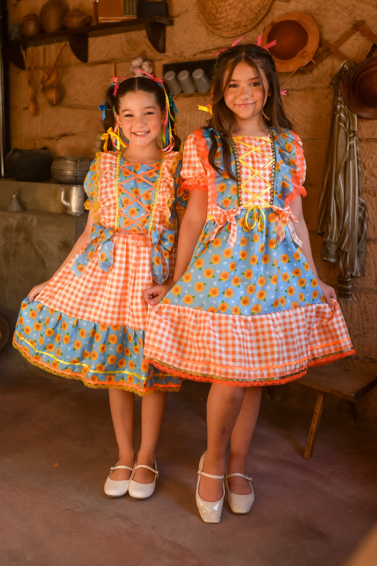 Vestido Xadrez Festa Junina Infantil Floral Girassol