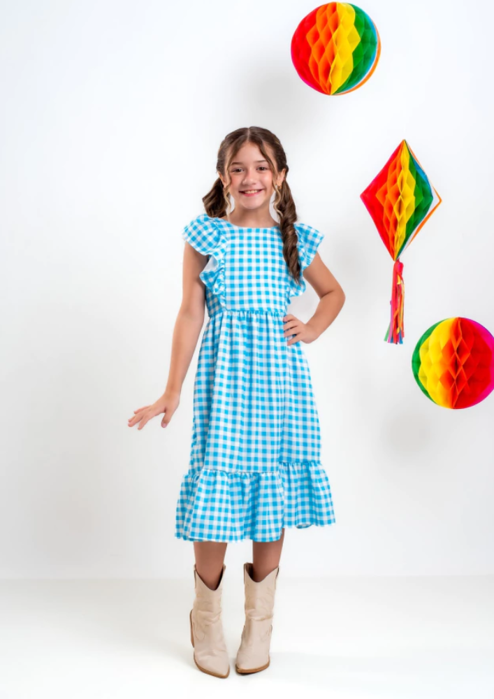 Vestido Infantil Festa Junina Xadrez Midi Azul