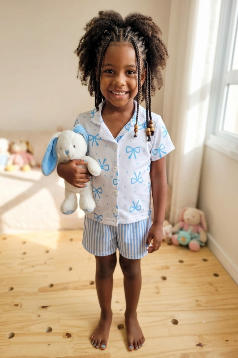 Pijama Americano Meninas Manga Curta Infantil Laços Azul