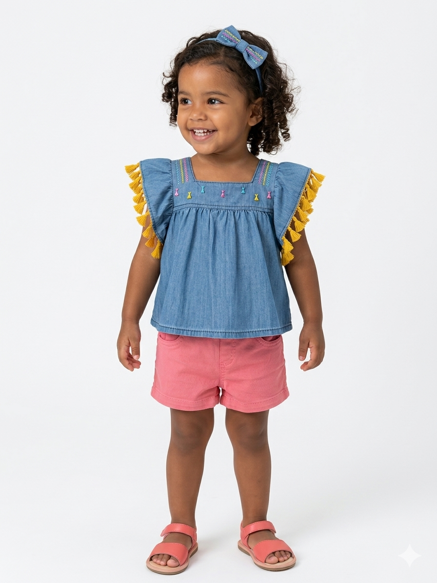 Conjunto com Bata e Bermuda em Jeans Baby