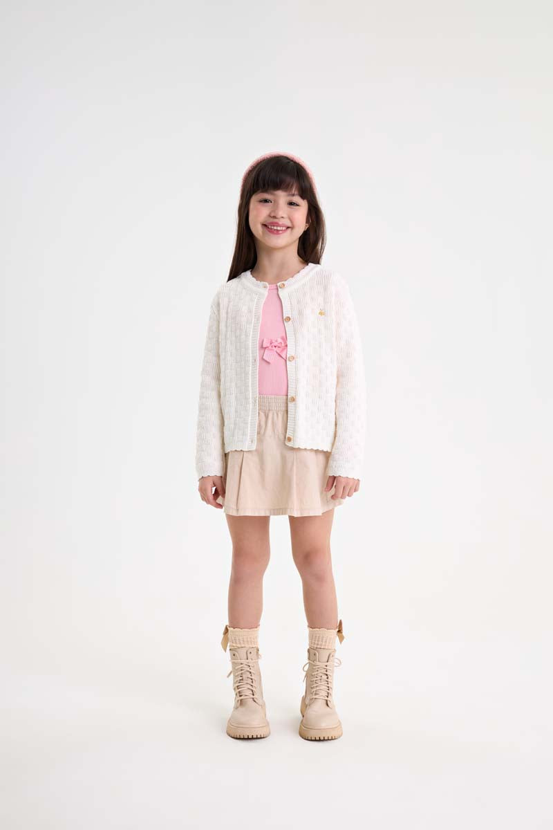Cardigan Infantil Meninas em Trico Trabalhado Off White