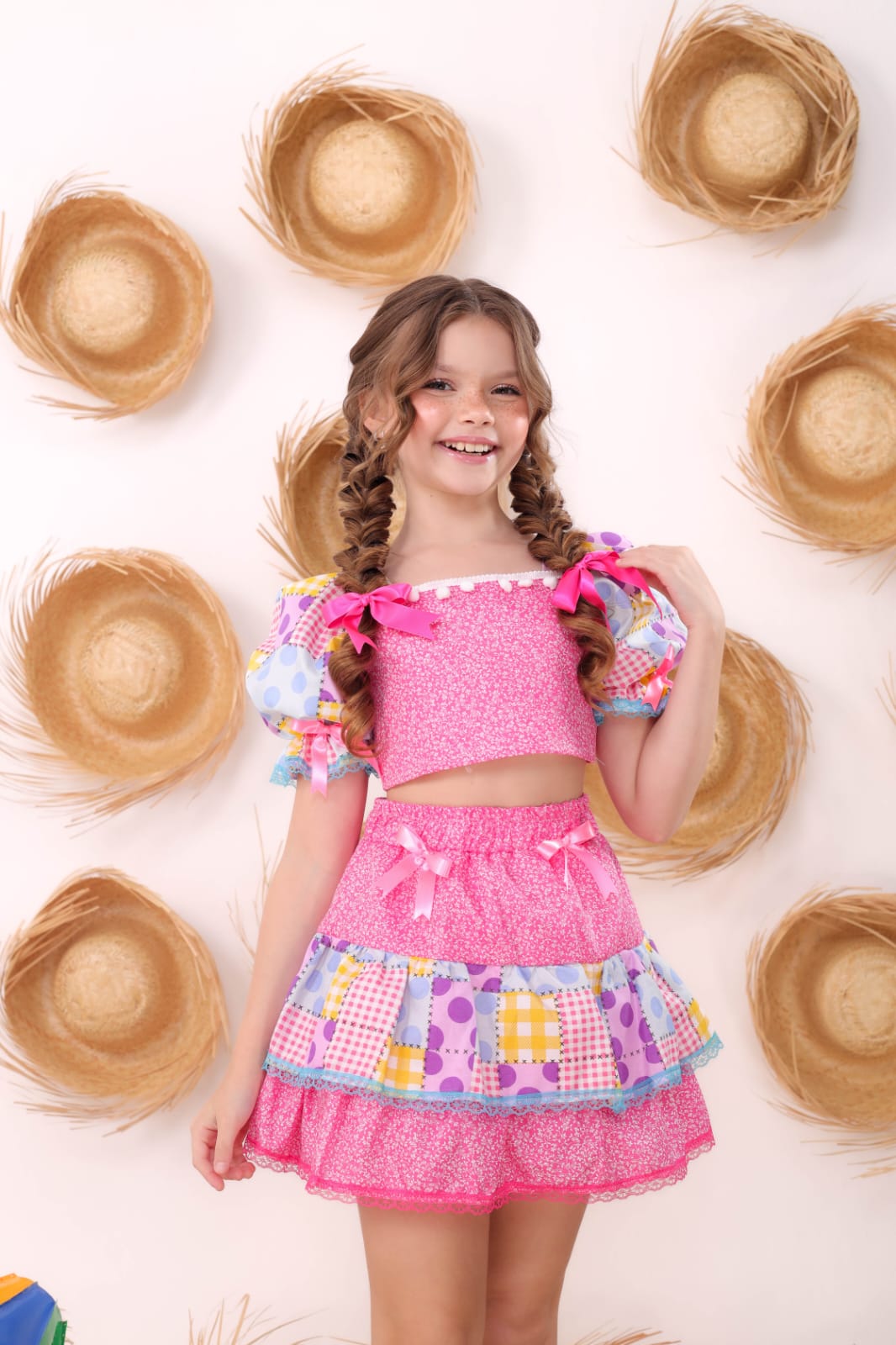 Conjunto Infantil Saia e Cropped Festa Junina Xadrez Rosa