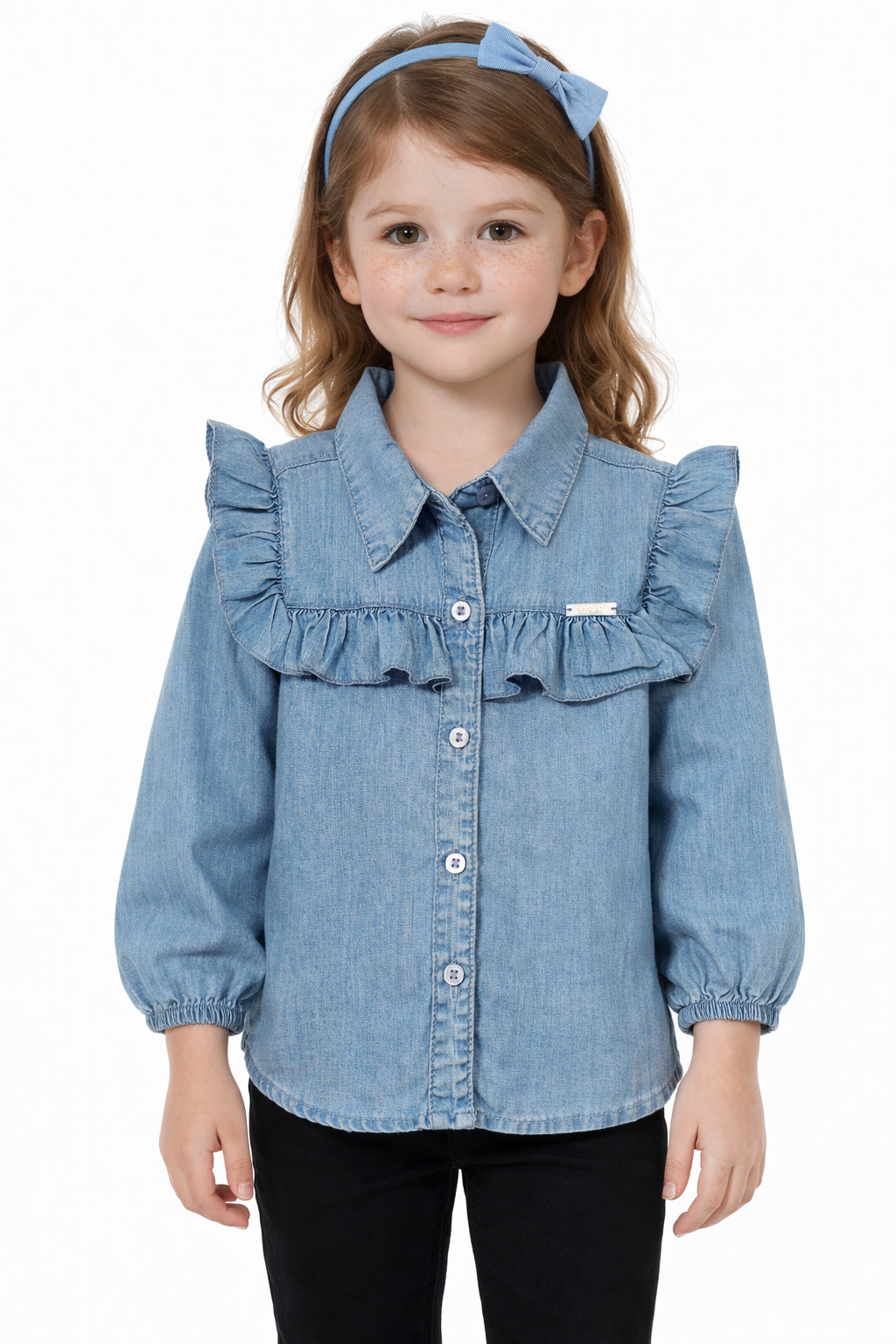 Camisa Jeans Baby Vigat com Babados Manga Longa Luxo