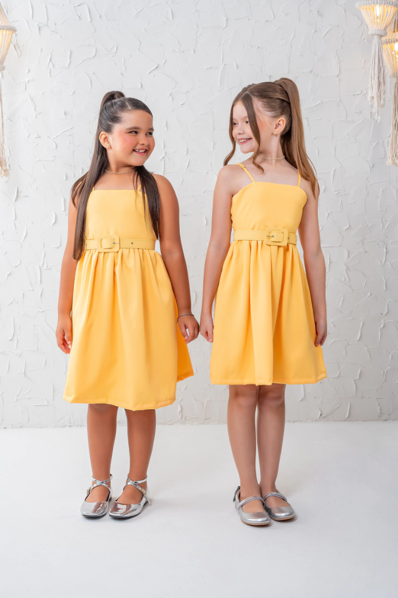 Vestido Amarelo Infantil Luxo Com Cinto Roupa Amarela Verão