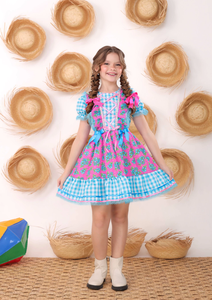 Vestido Infantil Festa Junina Xadrez Azul com Rosa Floral