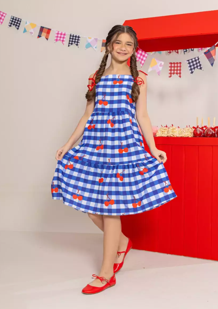 Vestido Infantil Meninas Xadrez Longo Azul Marinho Cereja