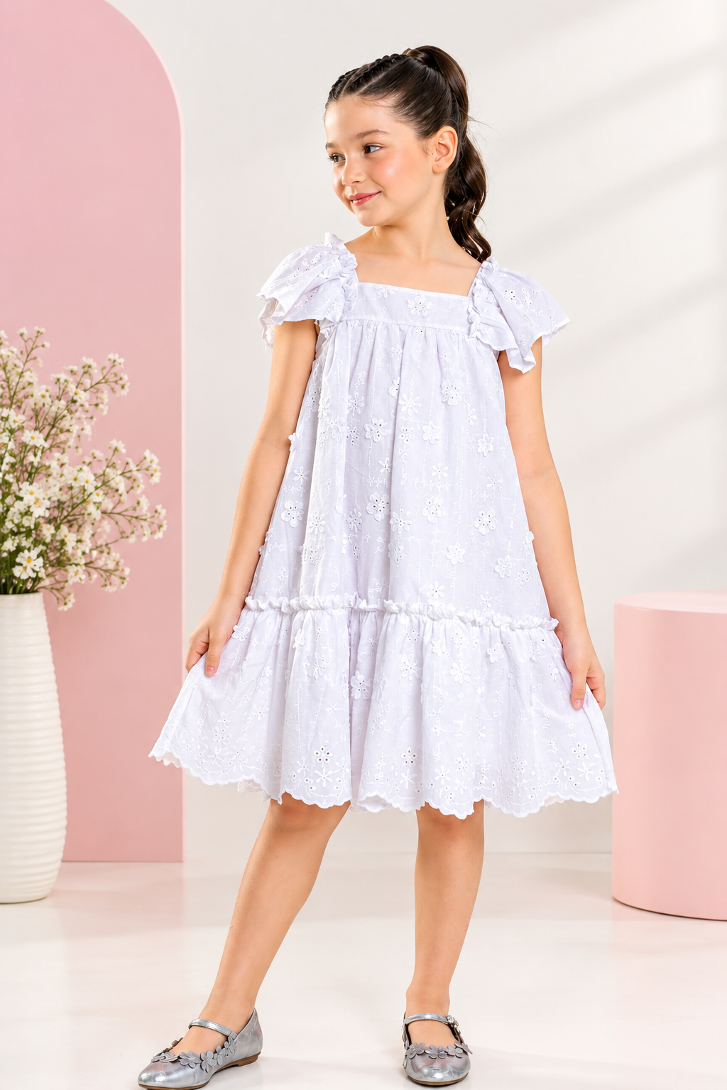 Vestido Infantil Branco em Laise para Batizado