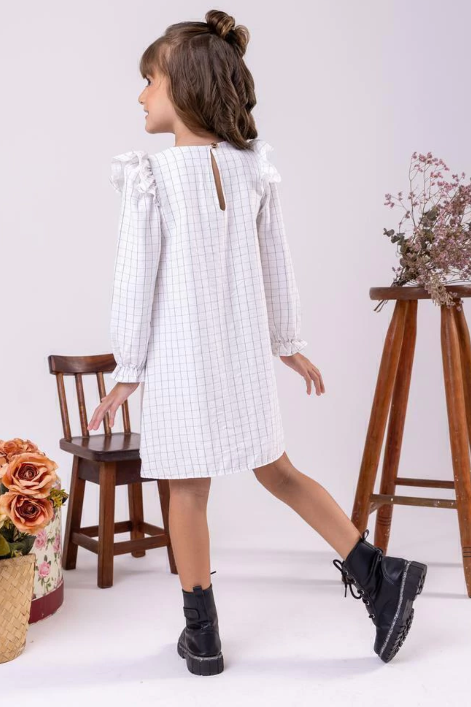 Vestido Infantil Manga Longa Alfaiataria Xadrez com Laço Preto Chique