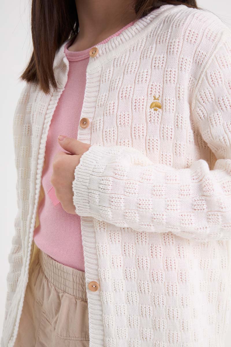 Cardigan Infantil Meninas em Trico Trabalhado Off White