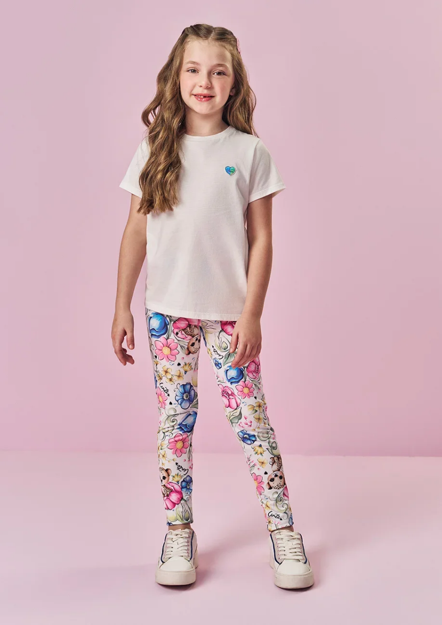 Legging infantil feminina suplex power estampada floral e guepardo da marca Cinti na Lúdica Moda Infantil
