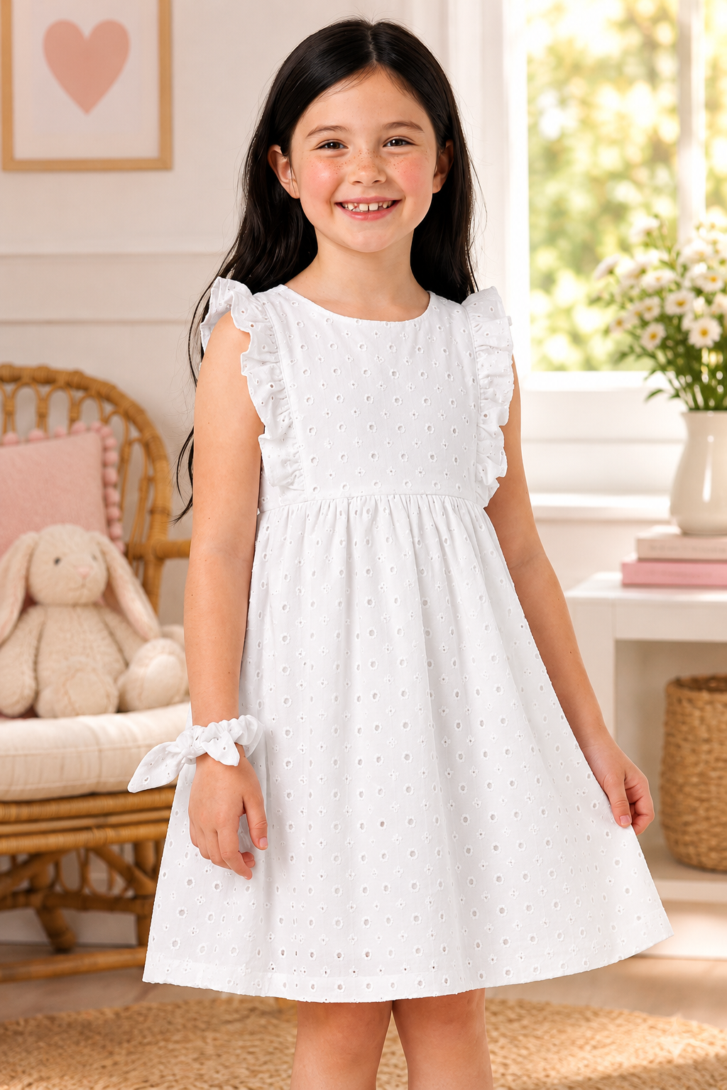 Vestido Infantil Branco Laise com Scrunchie Manga Babados