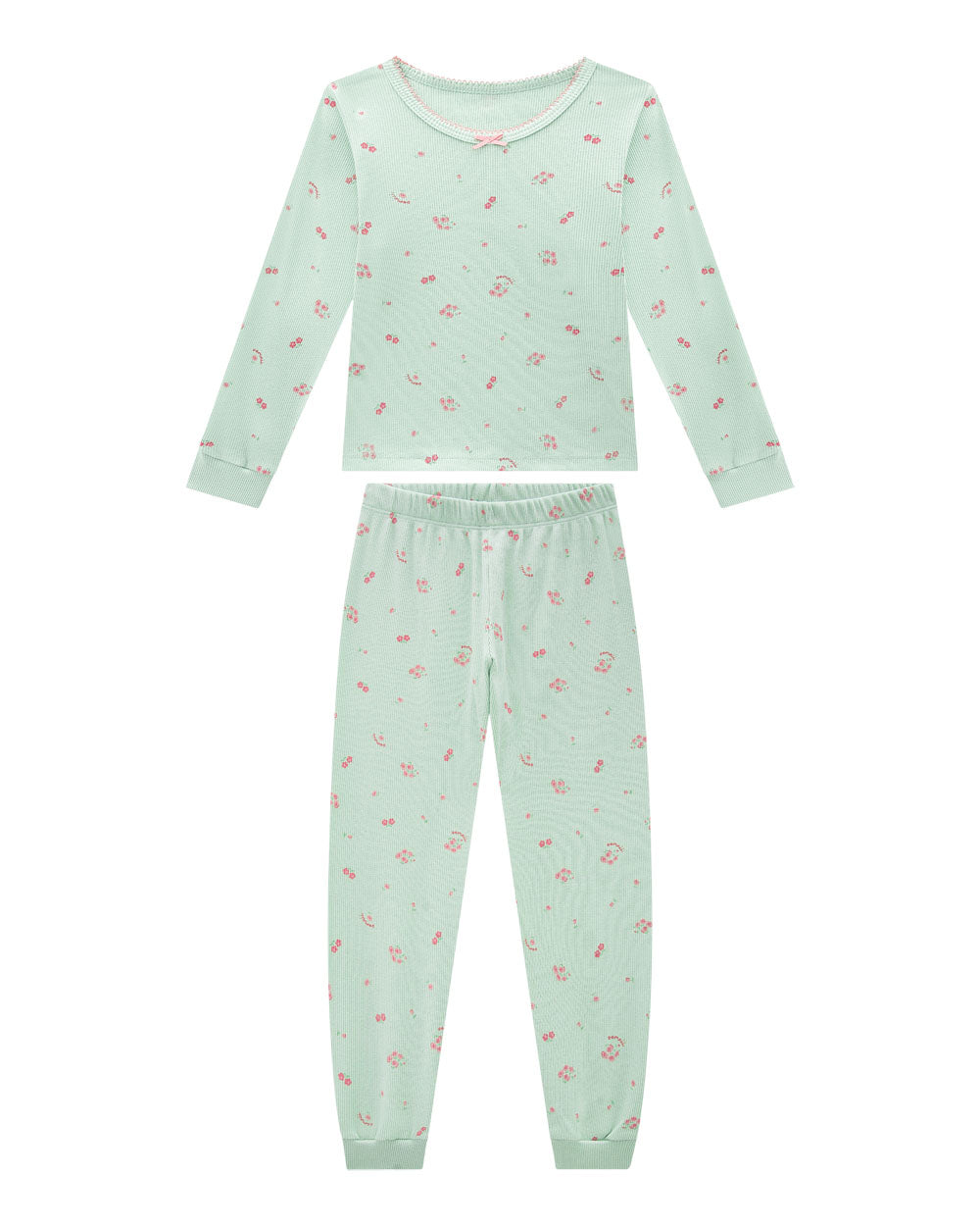Conjunto de pijama longo infantil em malha canelada com punhos e gola detalhada