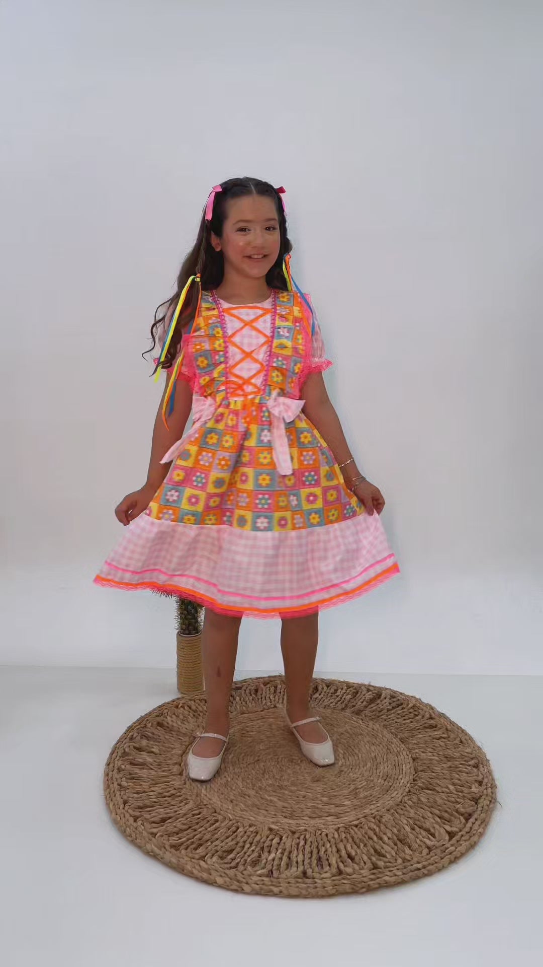 Vestido Festa Junina Infantil Xadrez Colorido Rosa