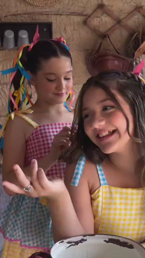 Vestido Festa Junina Infantil e Juvenil Xadrez com Laços e Fitas