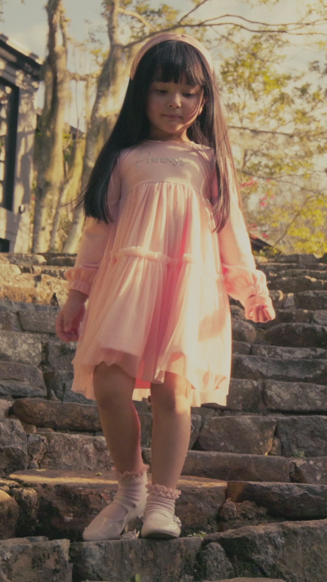 Vestido Infantil Menina Princess Rosa com Saia em Tule e Manga Longa Kiki