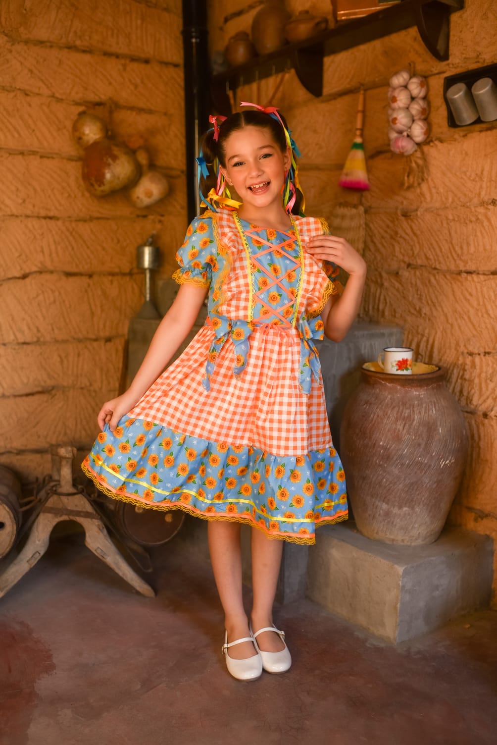 Vestido Xadrez Festa Junina Infantil Floral Girassol
