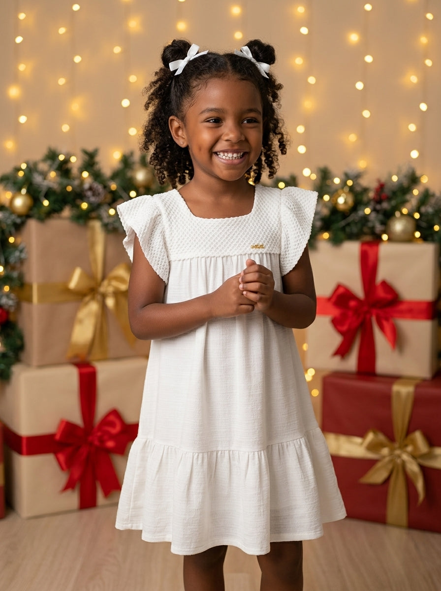 Menina sorrindo usando vestido infantil branco em viscose com laise 