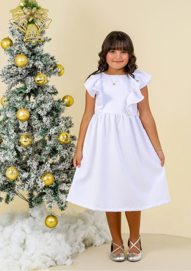 Vestido infantil branco luxuoso ideal para cerimônias de batismo e daminha de honra.