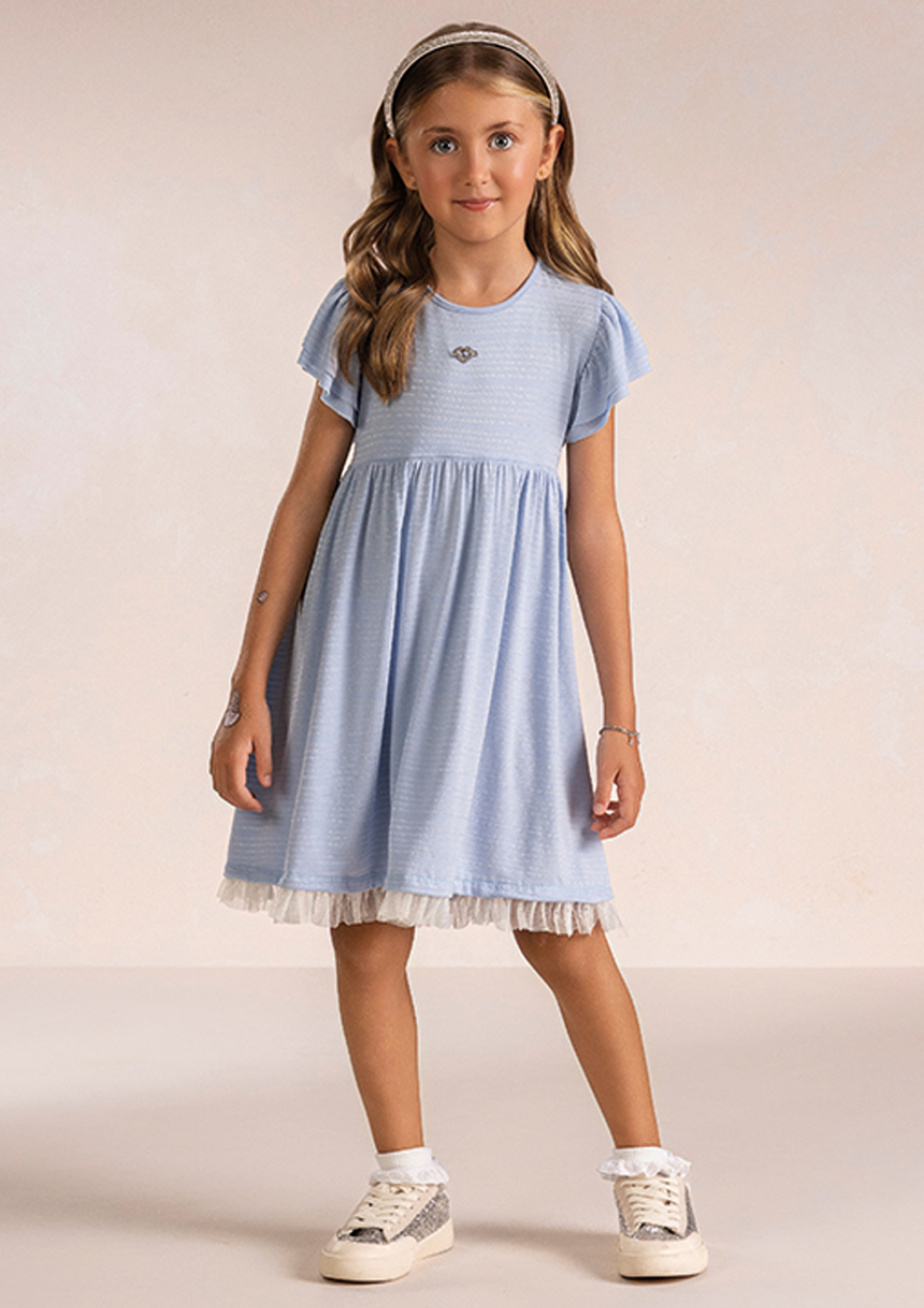 Vestido infantil menina com saia marias em malha confort ultra macia e tule na barra da Lúdica Moda Infantil.