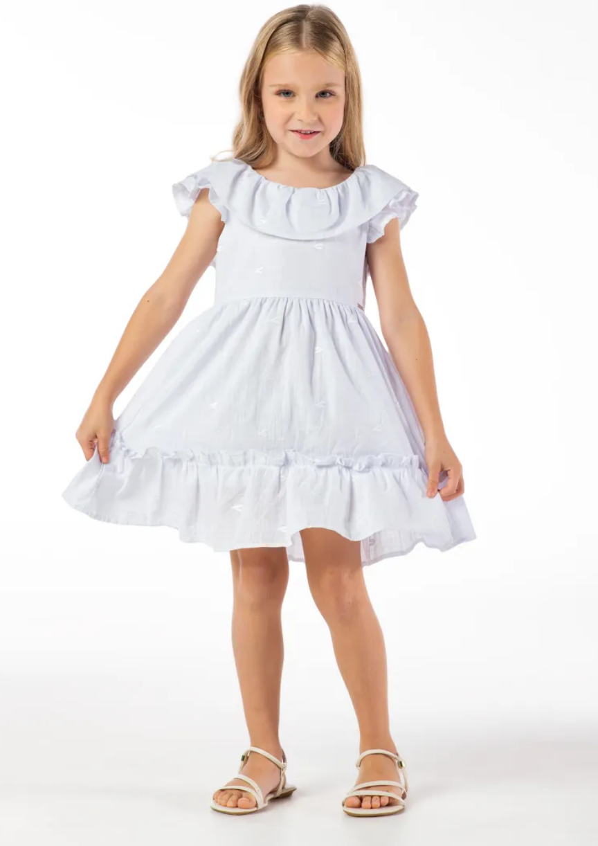 Vestido Infantil Branco Manga Caída Love Bordado