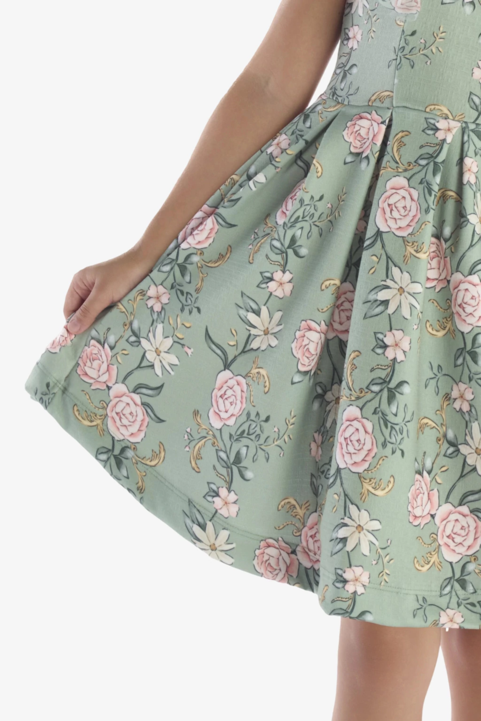 Vestido Infantil Verde Floral com Mangas em Tule e Saia Rodada - Kiki Xodó