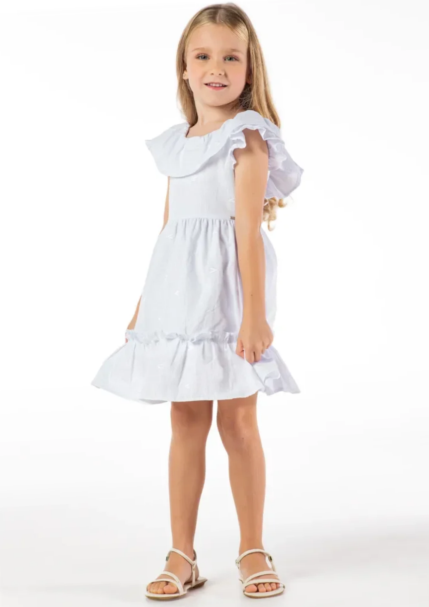 Vestido Infantil Branco Manga Caída Love Bordado
