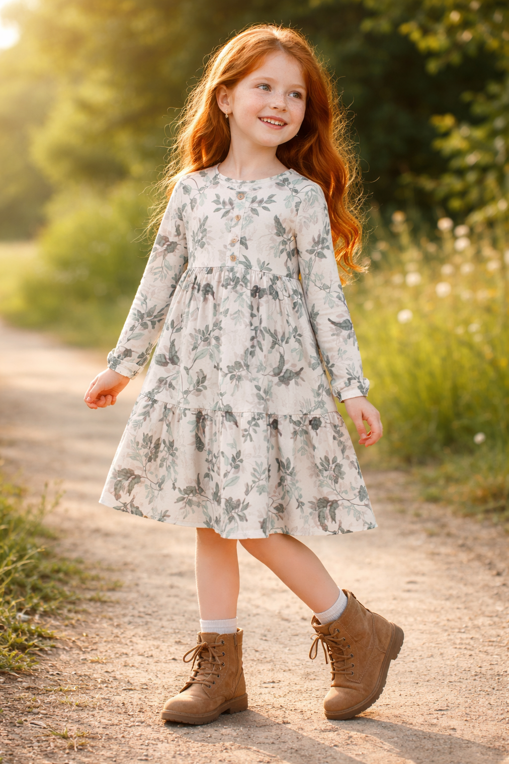 Vestido Manga Longa Outono Floral Folhas Kiki