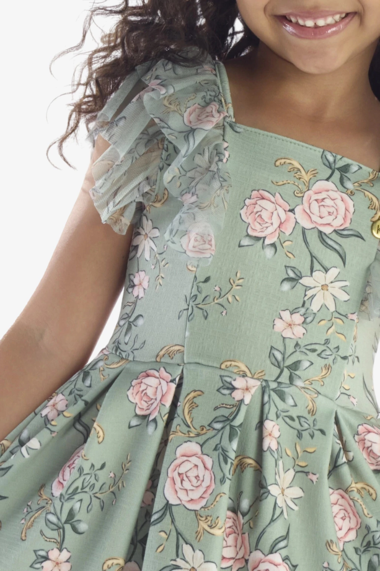 Vestido Infantil Verde Floral com Mangas em Tule e Saia Rodada - Kiki Xodó
