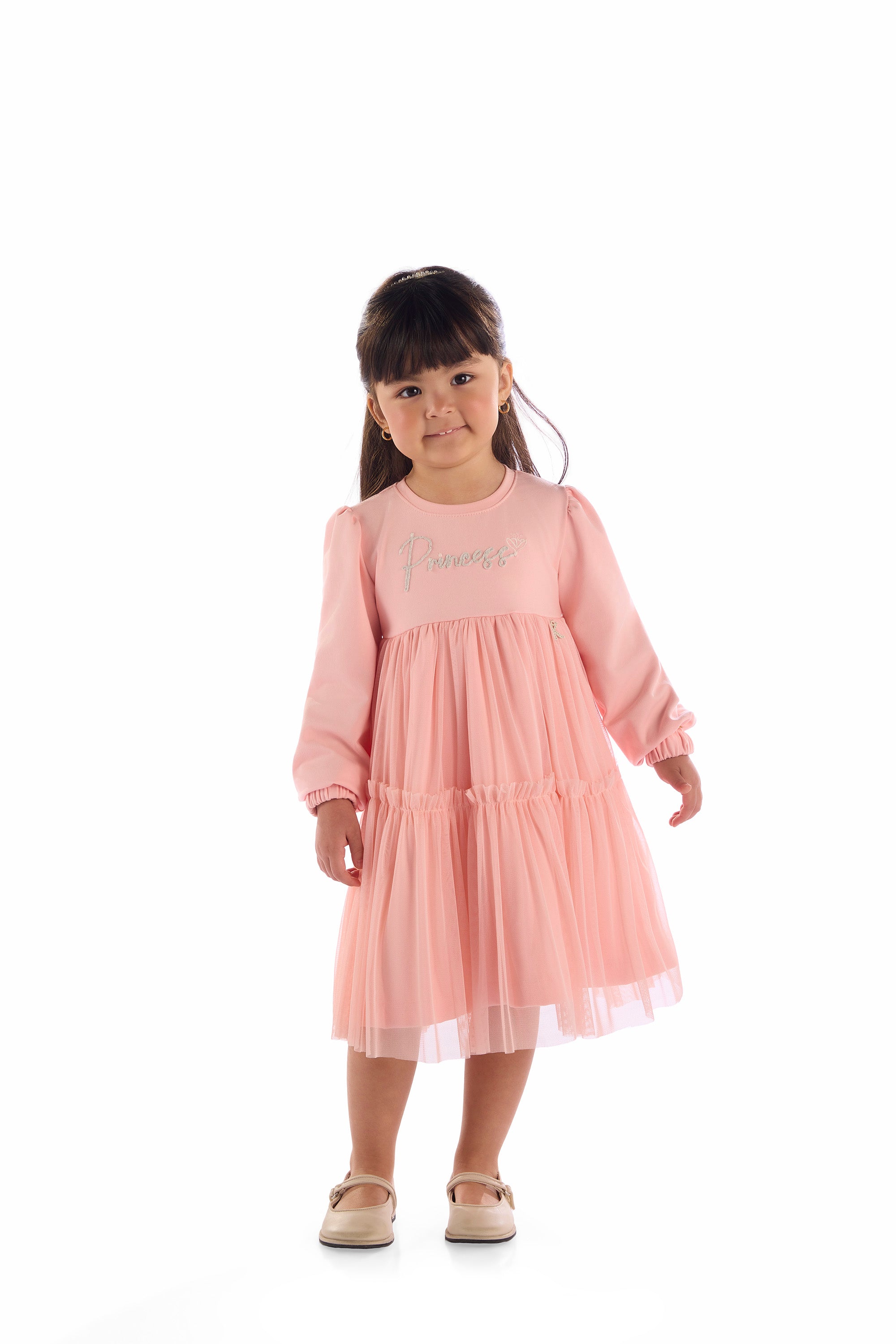 Vestido Infantil Menina Princess Rosa com Saia em Tule e Manga Longa Kiki