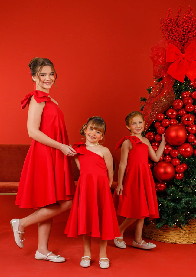 Vestido Infantil Alça Lateral Laço Luxo Festas Vermelho