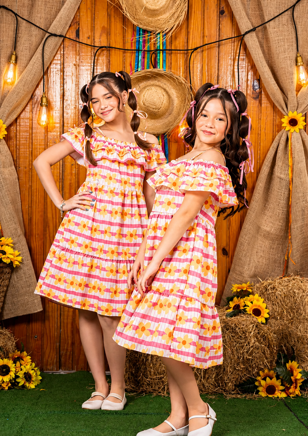 Vestido Xadrez Infantil Floral Manga Caída Ombro