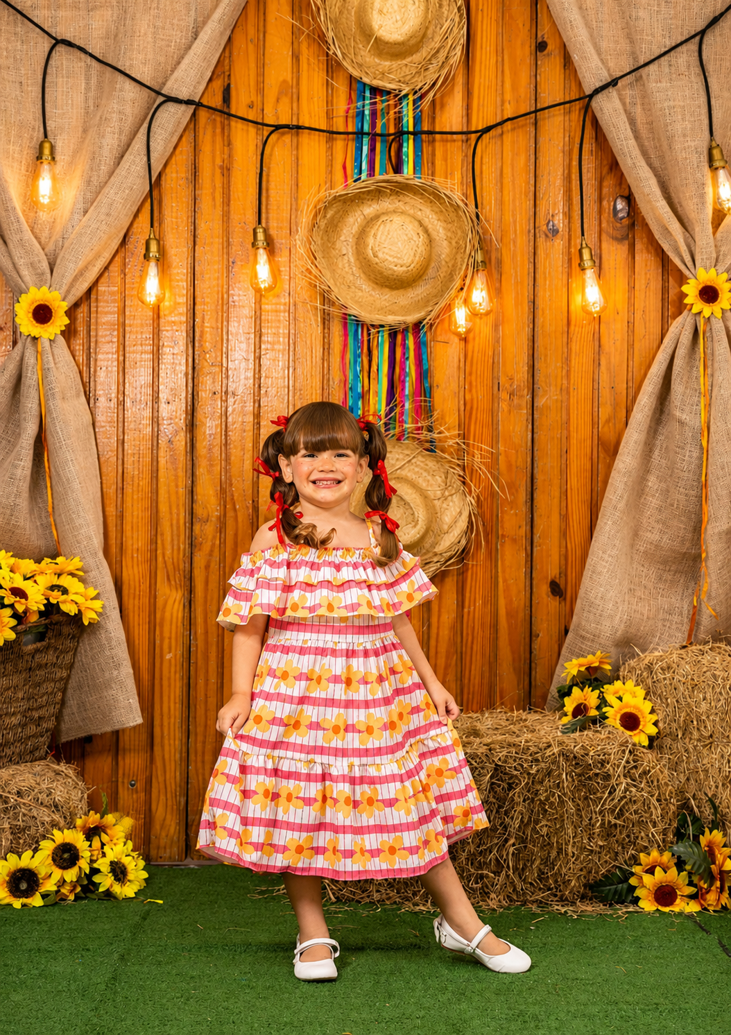 Vestido Xadrez Infantil Floral Manga Caída Ombro