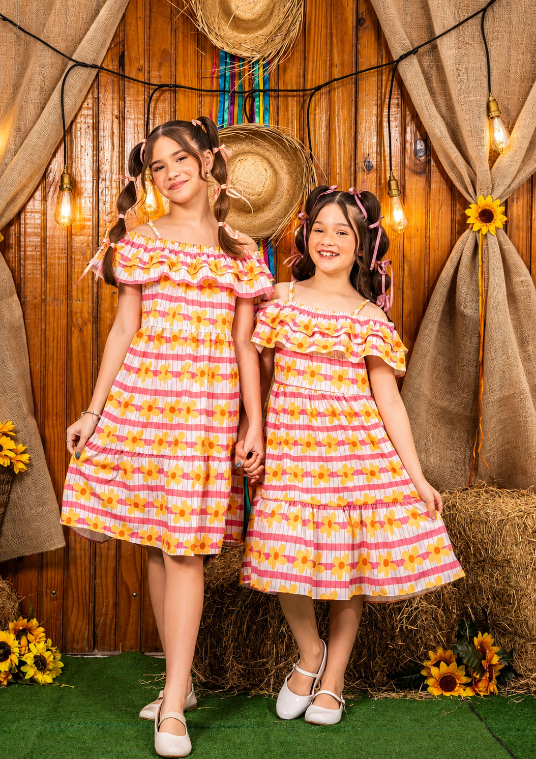Vestido Xadrez Infantil Floral Manga Caída Ombro