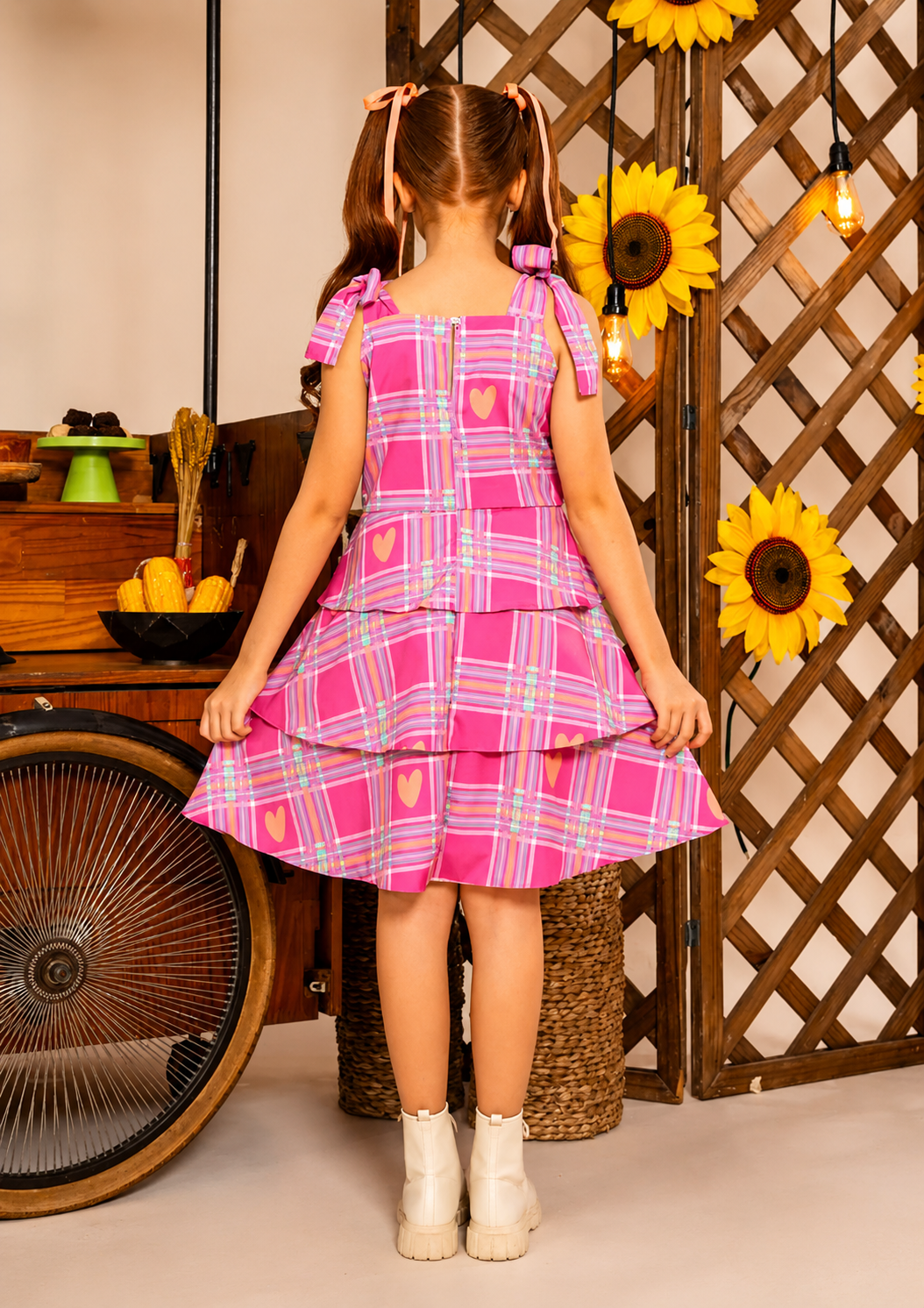 Vestido Love Quadriculado Xadrez Infantil Rosa com Babados