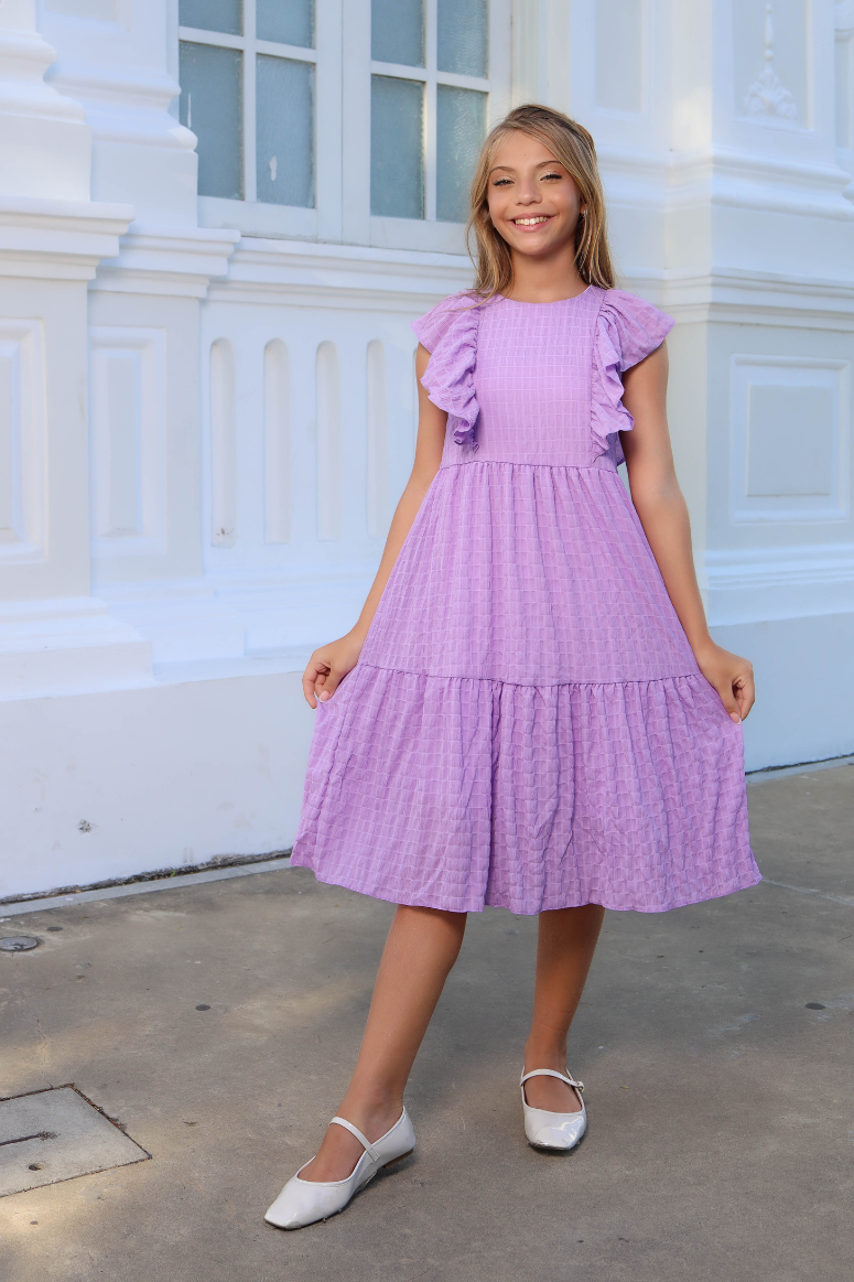 Vestido Infantil Meninas Festas Midi Lilás Trabalhado