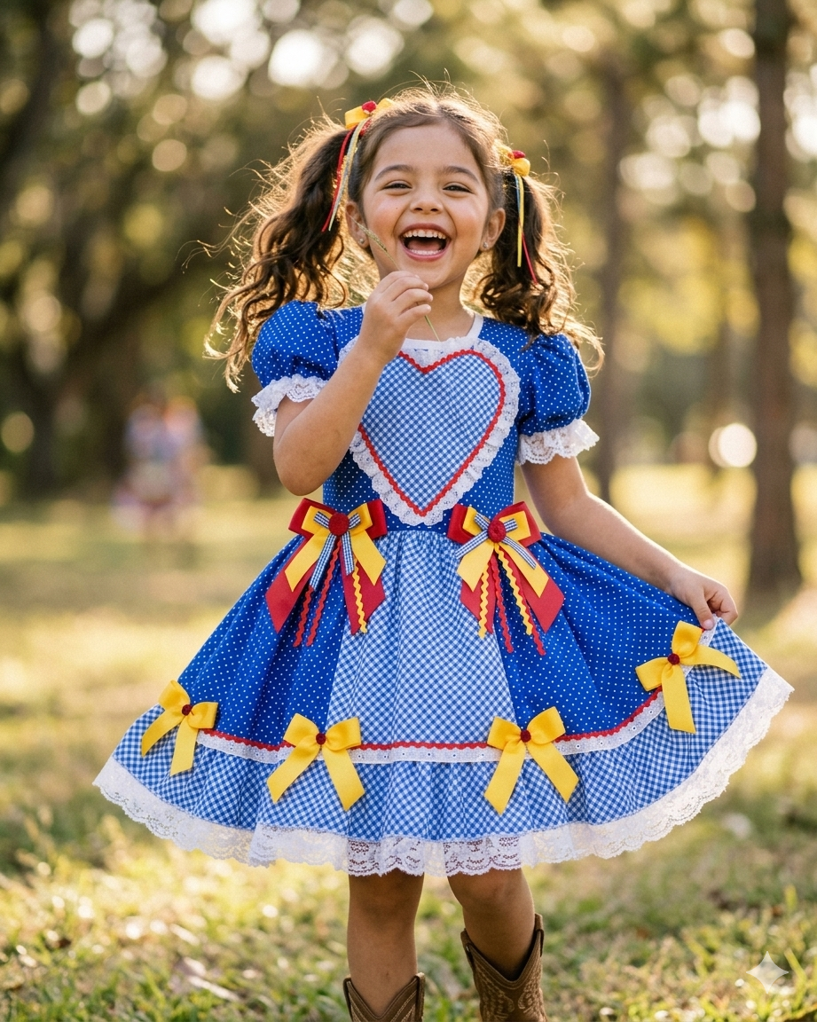 Vestido Caipira Juvenil Love Luxo Azul Festa Junina