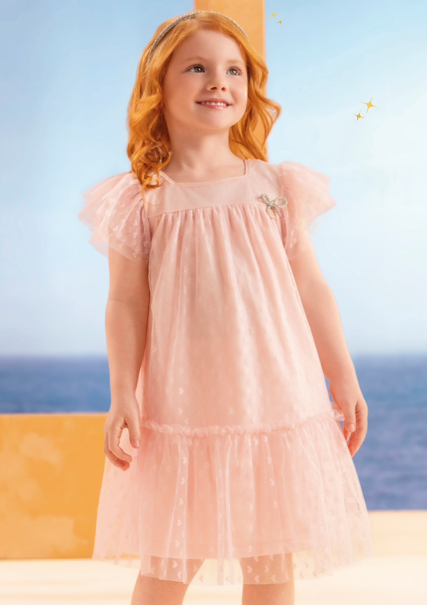 Vestido infantil de festa em tule rosa princesa com saia rodada volumosa da Lúdica Moda Infantil.