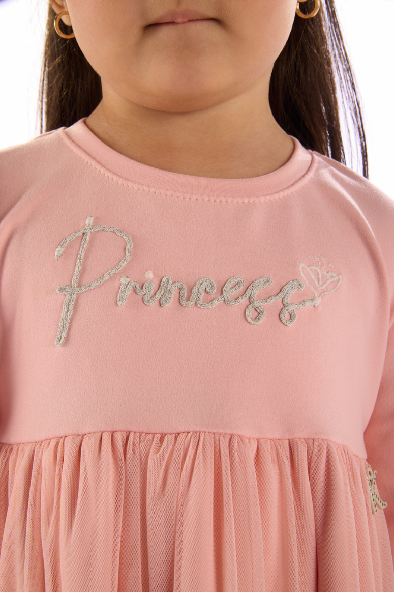 Vestido Infantil Menina Princess Rosa com Saia em Tule e Manga Longa Kiki