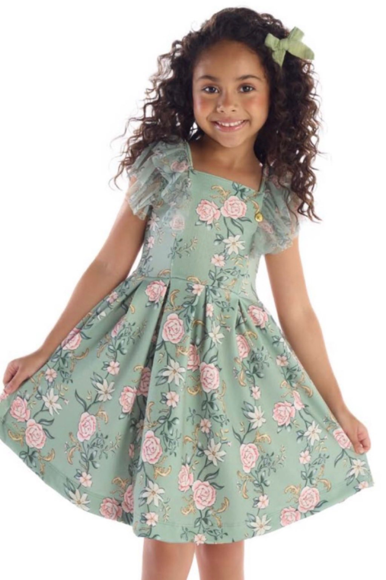 Vestido Infantil Verde Floral com Mangas em Tule e Saia Rodada - Kiki Xodó